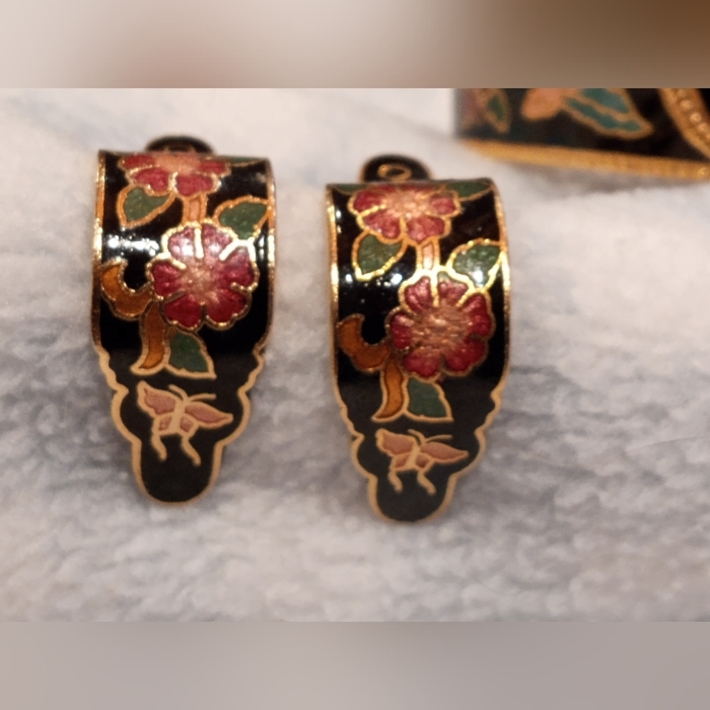 Cloisonne butterfly 🦋/floral black enamel 1" earring 2.25" bracelet Vintage - Picture 2 of 9